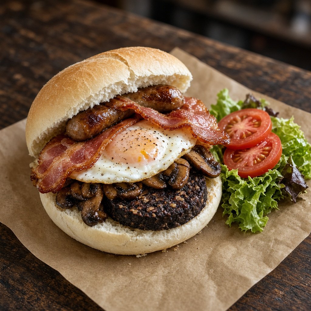 Breakfast bap with sausage, bacon, egg, mushrooms and black pudding