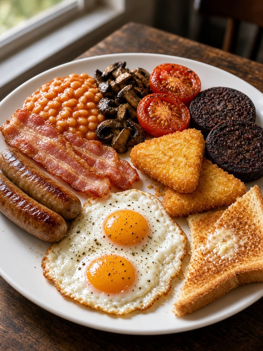 Full breakfast with bacon, sausage, eggs, beans, mushrooms, tomatoes and toast