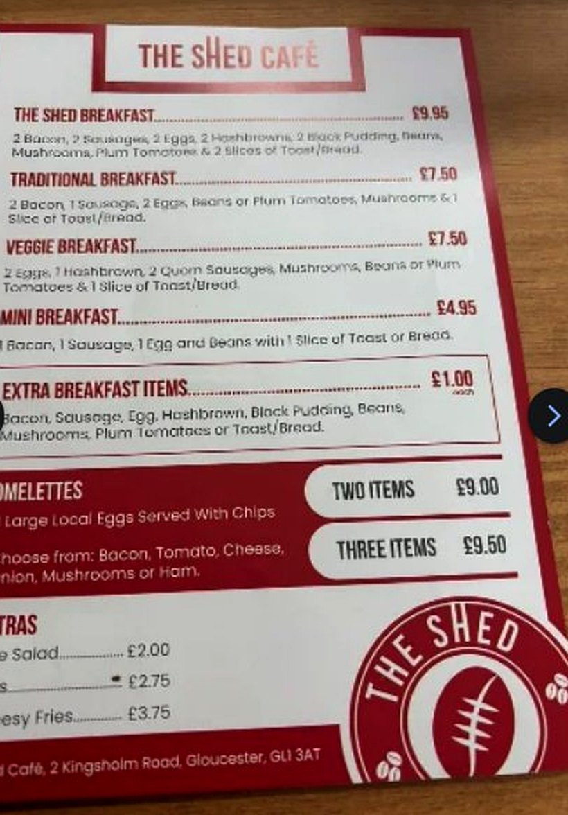 Breakfast, omelette and extras board at The Shed Café