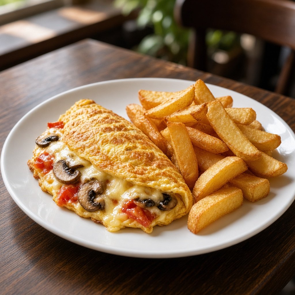 Cheese, tomato and mushroom omelette with chips